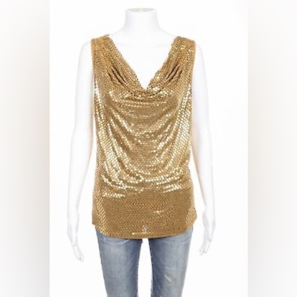 270. MICHAEL Michael Kors Gold Sequined Top Draped Neck 2x - Picture 3 of 3
